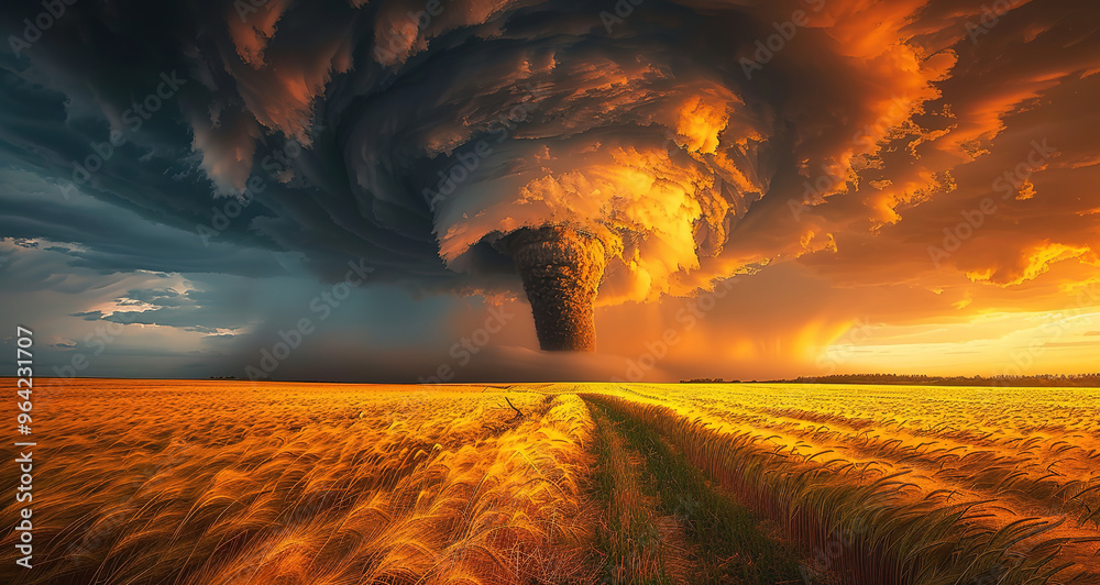 Dramatic sunset over a golden field with a funnel cloud in the distance ...