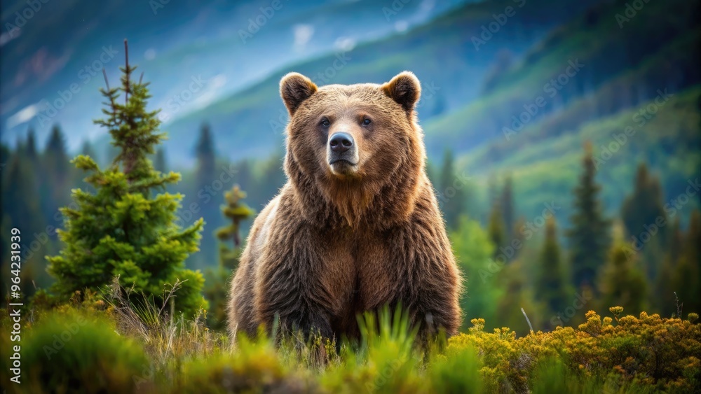 Obraz premium A Majestic Grizzly Bear Standing In Its Natural Habitat Against A Breathtaking Backdrop, Symbolizing Strength, Wilderness, And The Untamed Spirit Of Nature.