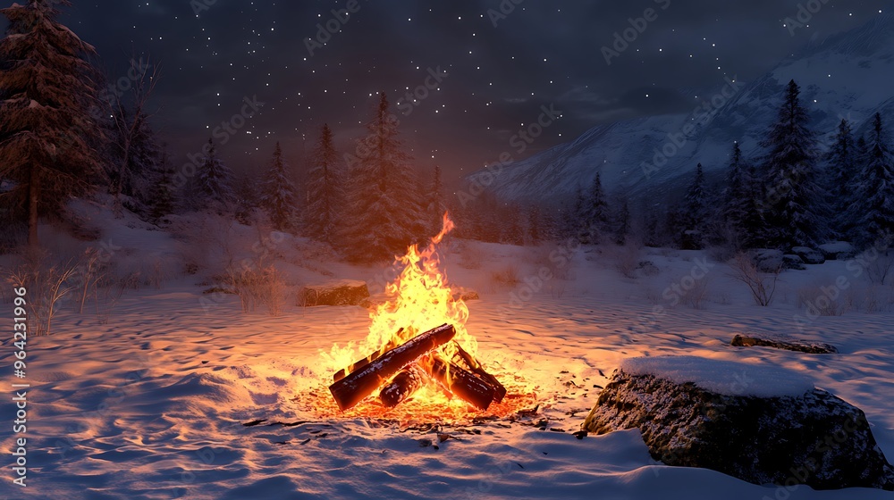 Campfire in Snowy Mountain Landscape Campfire in Snowy Mountain Landscape