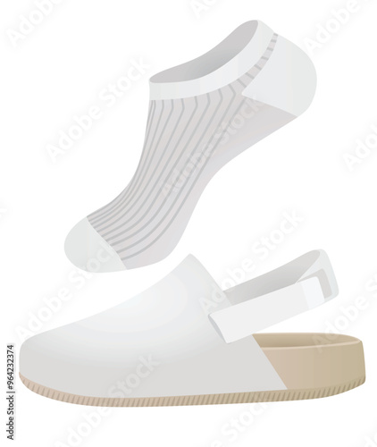 White clogs shoes and socks. vector illustration