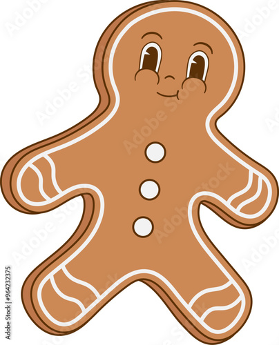 Retro cartoon gingerbread character vector illustration. Vintage cookie mascot. Christmas dessert, New year decor