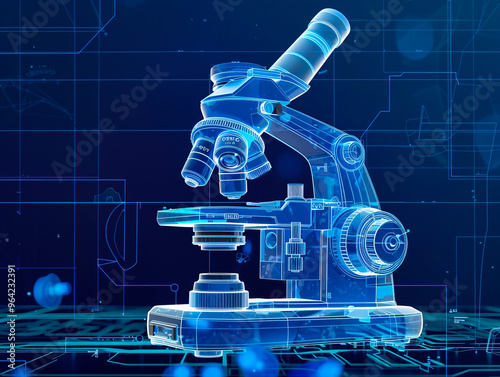 Microscope visualization with augmented reality Transparent microscope in studio drawing in blue colors. Big Pharmaceutical Lab with Specialists Conducting Biotechnology Research, Developing photo