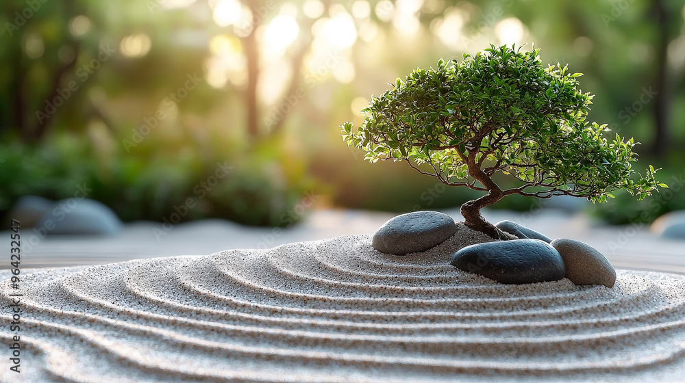 A tranquil Zen garden showcasing minimalist beauty with raked sand patterns, smooth stones, and a small bonsai tree. Generative AI A tranquil Zen garden showcasing minimalist beauty with raked sand patterns, smooth stones, and a small bonsai tree. Generative AI