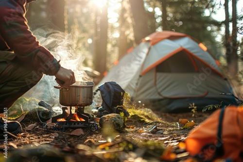 A person cooking in a pot on a portable stove in a forest setting, with camping gear around and a tent in the background. AI generative photo