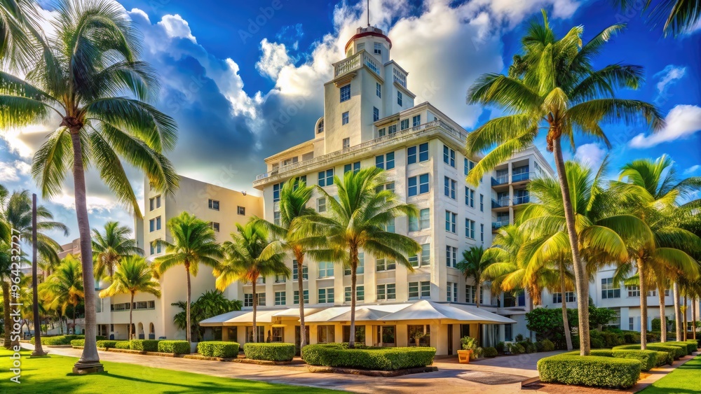 A Majestic View Of A Historic Hotel With Art Deco Architecture Standing Tall Amidst Lush Gardens And Palm Trees In The Heart Of South Beach, Miami. A Majestic View Of A Historic Hotel With Art Deco Architecture Standing Tall Amidst Lush Gardens And Palm Trees In The Heart Of South Beach, Miami.