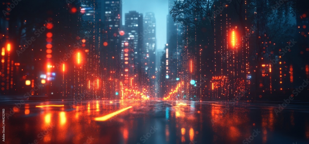 Rainy Cityscape with Glowing Lights Rainy Cityscape with Glowing Lights