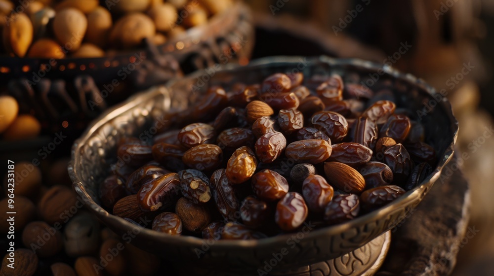 A bowl of nuts is on a table. The nuts are almonds and cashews. The bowl is silver and has a design on it A bowl of nuts is on a table. The nuts are almonds and cashews. The bowl is silver and has a design on it