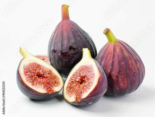 A bunch of purple figs with one cut open. The figs are ripe and ready to eat