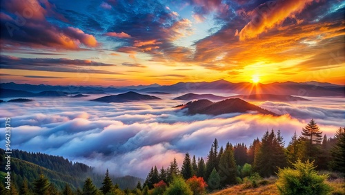 Wallpaper Mural Foggy mountain landscape with colorful sunset over the horizon Torontodigital.ca