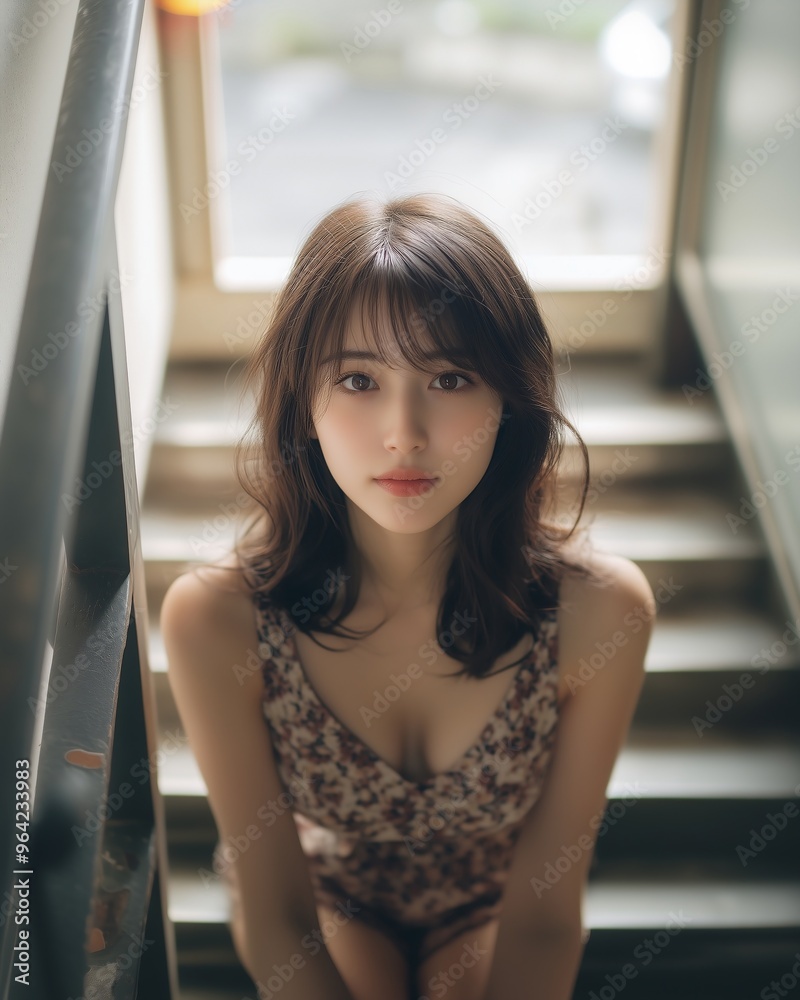 Portrait of a Japanese woman in fashionable dress, sitting on a staircase Portrait of a Japanese woman in fashionable dress, sitting on a staircase