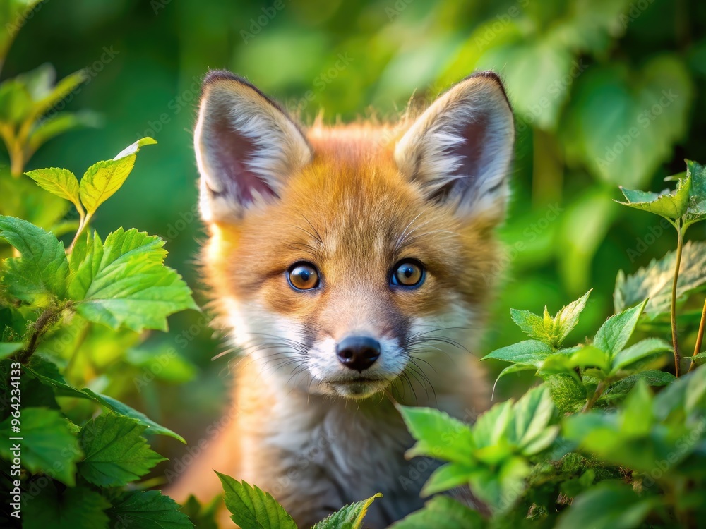 An Adorable Baby Fox, With Bright Eyes, Playful Expression, And Fluffy Orange Fur, Peers Out From Amidst Lush Foliage In A Natural Setting. An Adorable Baby Fox, With Bright Eyes, Playful Expression, And Fluffy Orange Fur, Peers Out From Amidst Lush Foliage In A Natural Setting.