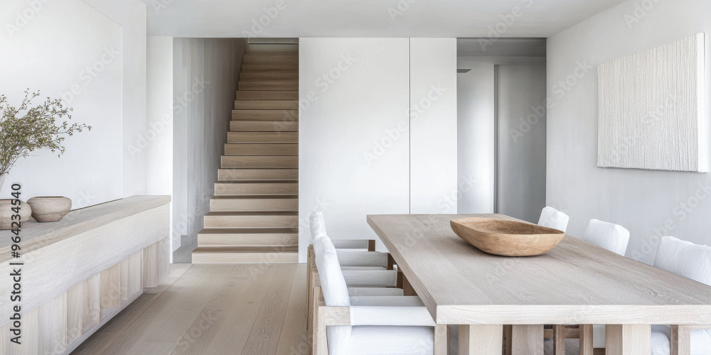 Minimalist dining room with wooden furniture, neutral tones and natural lighting. Mediterranean Real Estate homes interior design Minimalist dining room with wooden furniture, neutral tones and natural lighting. Mediterranean Real Estate homes interior design
