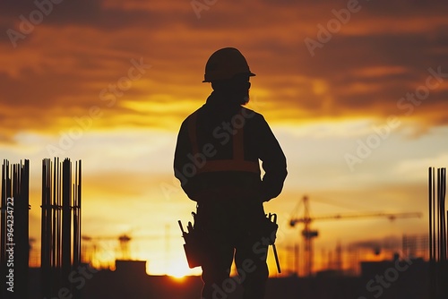 Construction Worker Silhouette Against a Dramatic Sunset