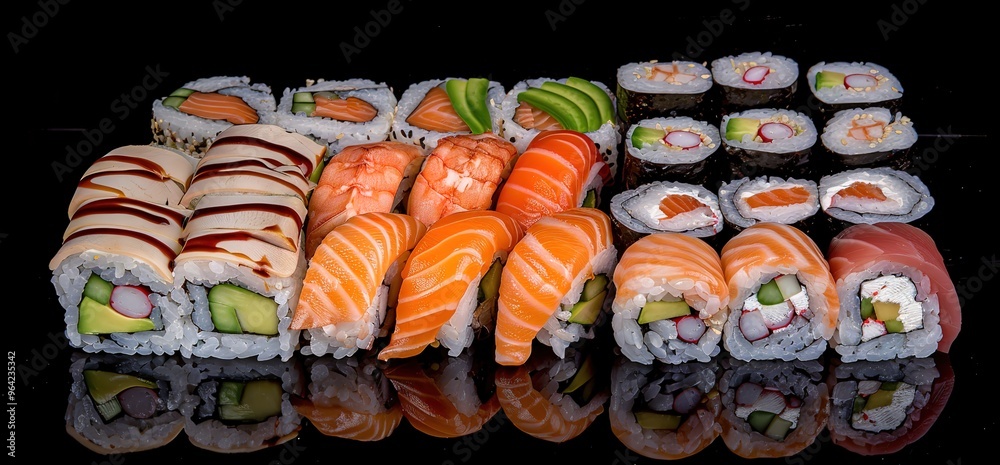A variety of sushi rolls on a black surface. Different types of sushi rolls with various fillings and toppings. A variety of sushi rolls on a black surface. Different types of sushi rolls with various fillings and toppings.