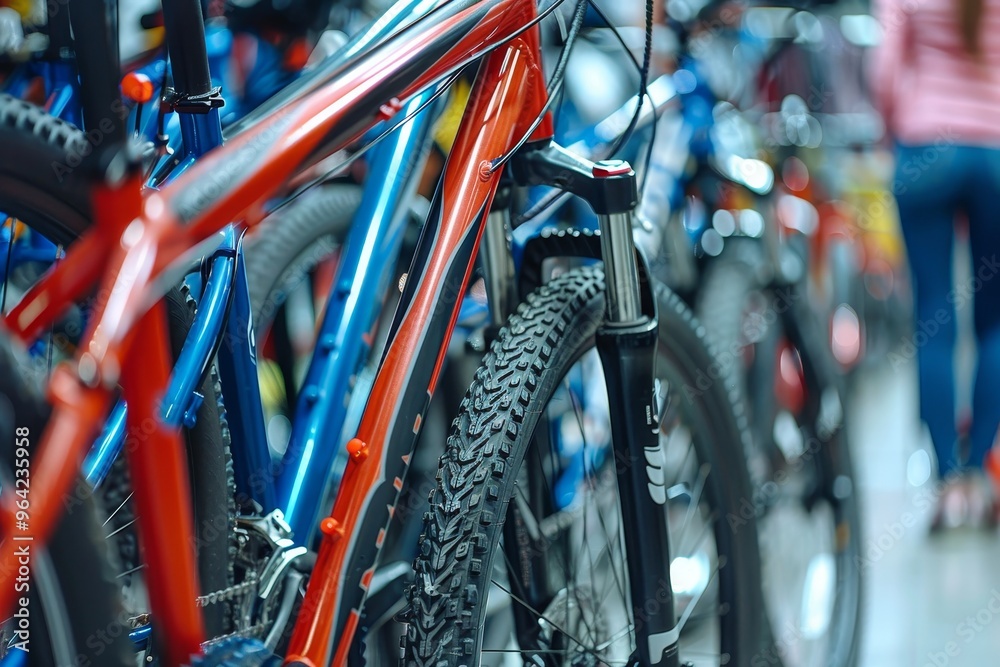 Customer Choosing New Bicycle In Shop. Variety Of Modern Bikes. Sports, Healthy Lifestyle Customer Choosing New Bicycle In Shop. Variety Of Modern Bikes. Sports, Healthy Lifestyle