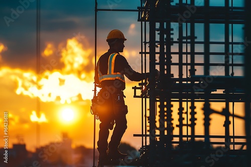 Silhouetted Construction Worker Against a Stunning Sunset