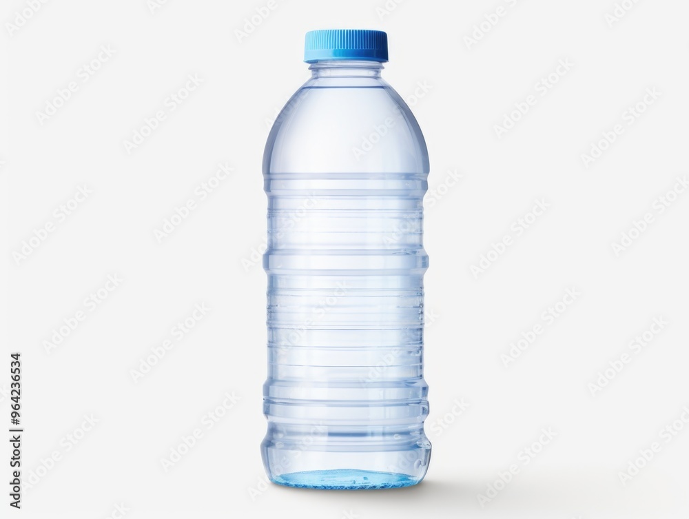 A clear bottle of water with a blue cap. The bottle is empty and sits on a white background A clear bottle of water with a blue cap. The bottle is empty and sits on a white background