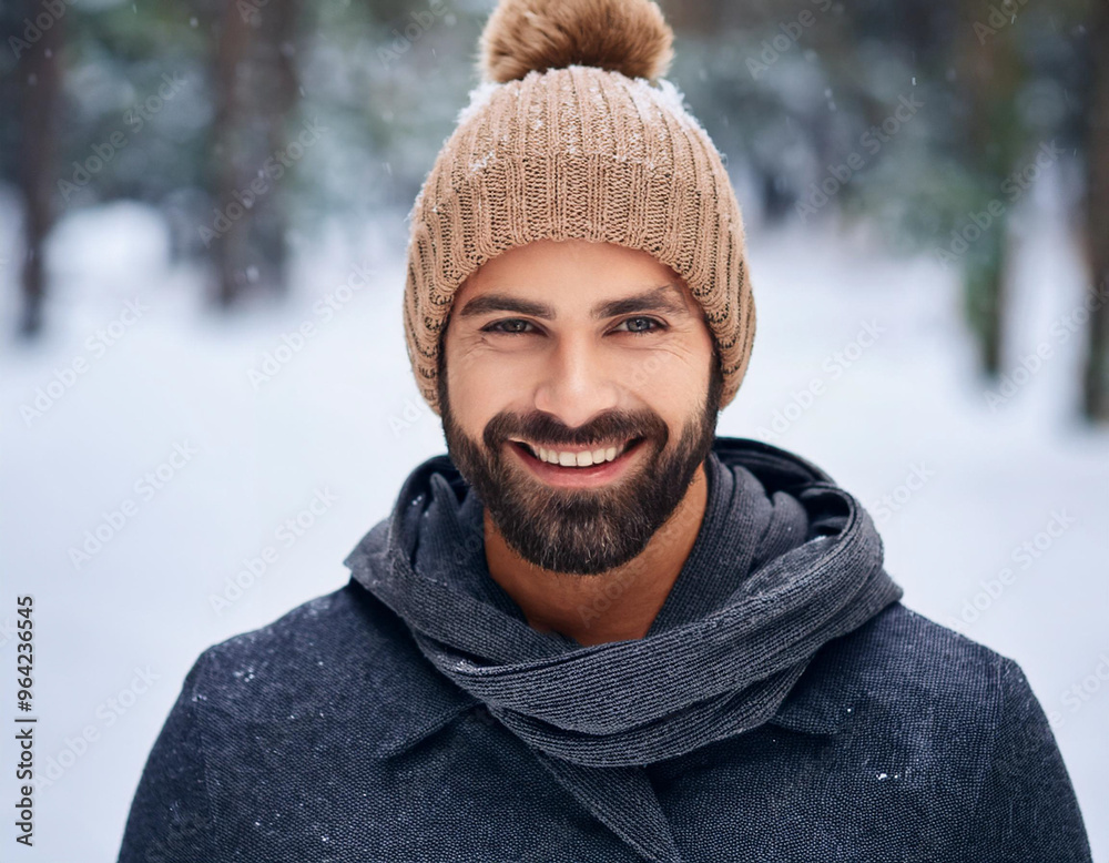 Winter Portrait of Happy Handsome Man Smiling Outdoors