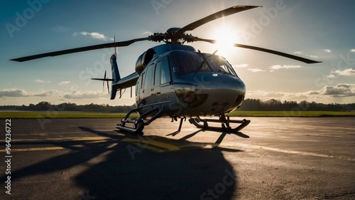 helicopter with a scorching sun background, maybe a private chopper or owned by a military army to rescue, transport, fight for the war 