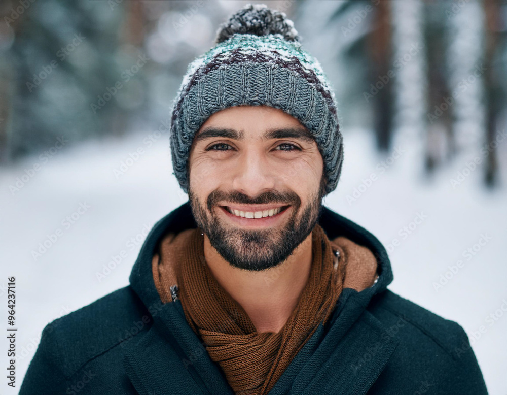 Winter Portrait of Happy Handsome Man Smiling Outdoors Winter Portrait of Happy Handsome Man Smiling Outdoors