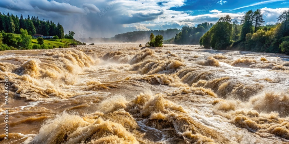 A Raging River Overflows Its Banks, Submerging The Surrounding Landscape In Swirling Currents And Churning Water A Raging River Overflows Its Banks, Submerging The Surrounding Landscape In Swirling Currents And Churning Water