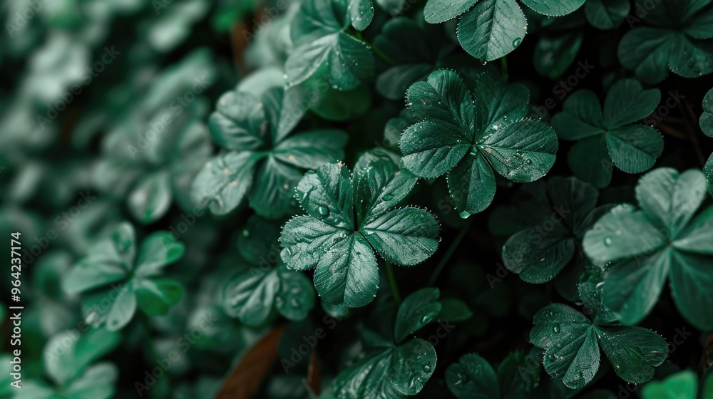 A close up of green leaves with water droplets on them. The leaves are arranged in a way that they resemble a clover A close up of green leaves with water droplets on them. The leaves are arranged in a way that they resemble a clover