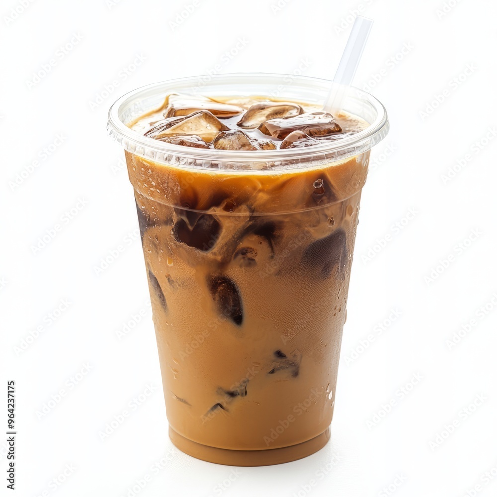 Refreshing Thai Iced Coffee in Clear Cup - Isolated on White Background