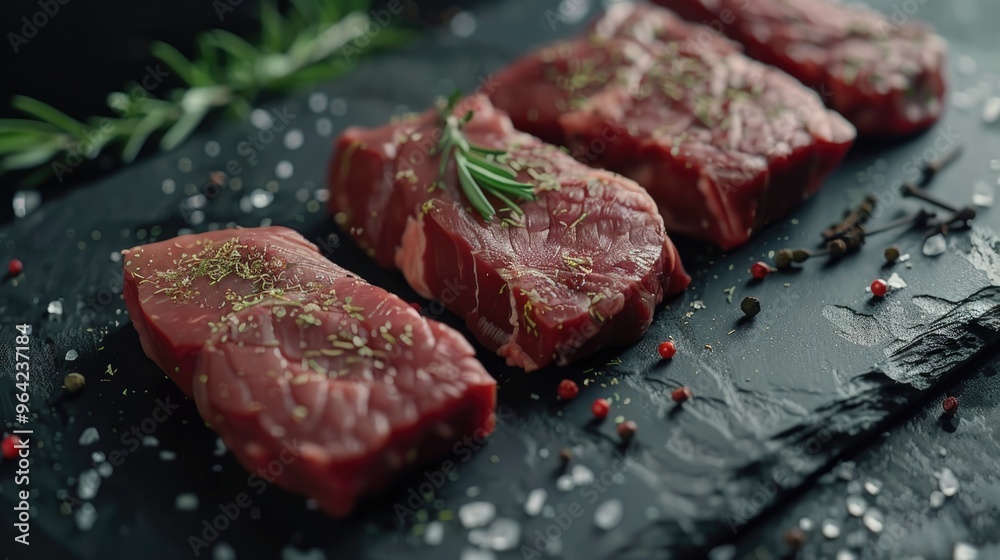 A slab of meat with herbs and spices on top. The meat is cut into four pieces A slab of meat with herbs and spices on top. The meat is cut into four pieces