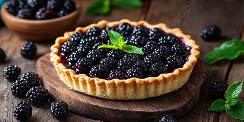 Blackberry tart on a wooden table with fresh berries and mint leaves, in a closeup view. A pie