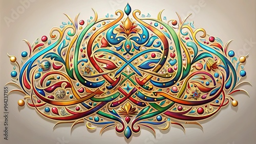 Elegant Arabesque calligraphy with intricate, ambiguous forms and vibrant colors, created through the use of airbrush art techniques photo