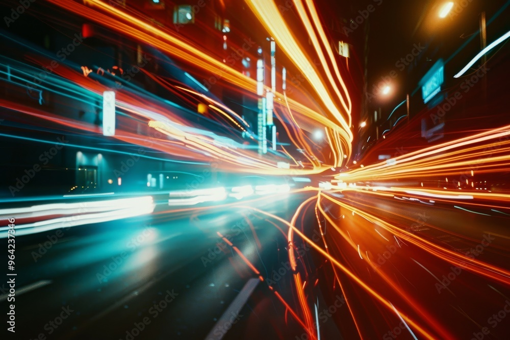 Streams of colorful light trails weave through a vibrant, night cityscape, capturing the energetic rush and pulse of urban nightlife and motion. Streams of colorful light trails weave through a vibrant, night cityscape, capturing the energetic rush and pulse of urban nightlife and motion.