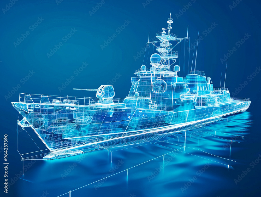 Fototapeta premium Ship visualization with augmented reality Transparent ship in studio drawing in blue colors