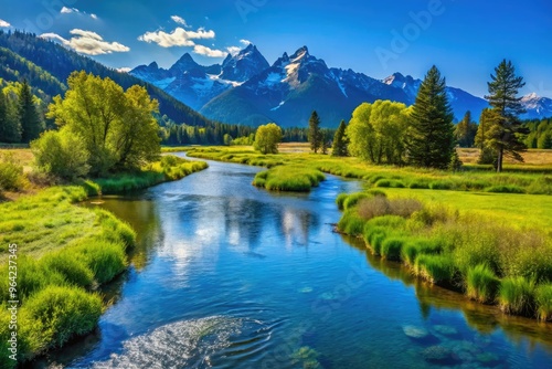 A River Flowing By A Lush Meadow, Trees Lining The Banks, And Mountains In The Distance Under A Blue Sky.