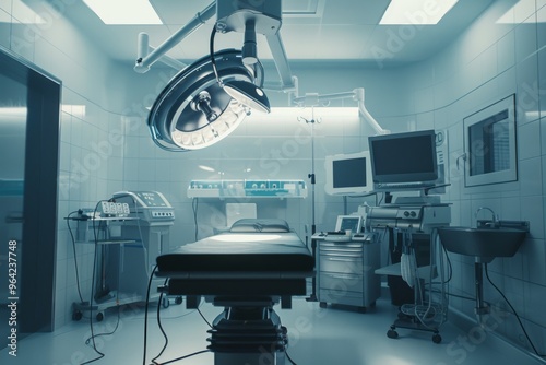 A state-of-the-art operating room stands empty, shimmering under bright lights, equipped with advanced medical technology ready for the next surgery.