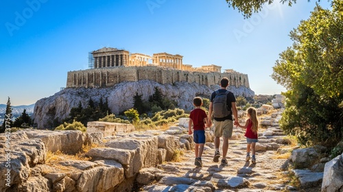 Greek Family Exploring the Acropolis on a Sunny Day - Discovering Ancient Ruins and Culture in Greece photo