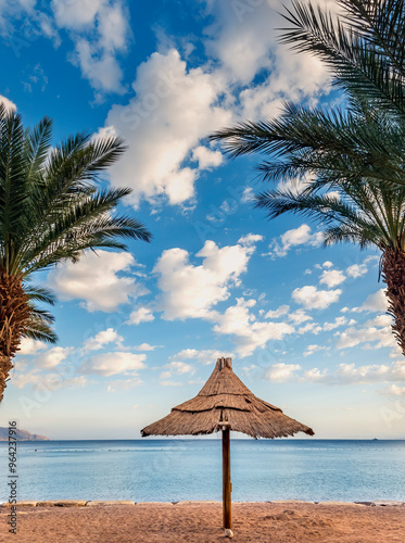 Morning on sandy beach of the Red Sea in Eilat - famous tourist resort and re...