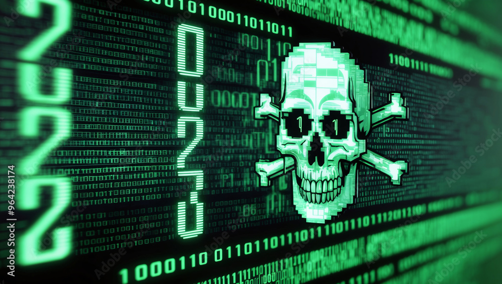 Obraz premium Cybersecurity Threats: Neon Green Skull & Crossbones Amidst Binary Code