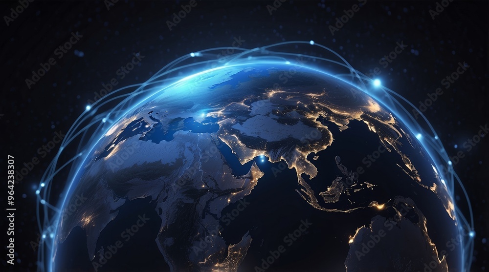 Obraz premium data exchange and communication technology concept, global business network over the Earth, world web satellite connections