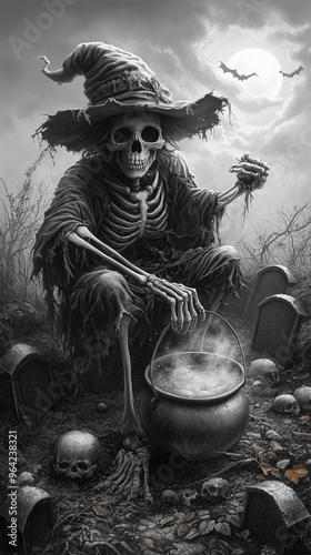 Halloween Line Art Magic: Skeleton and Bubbling Cauldron