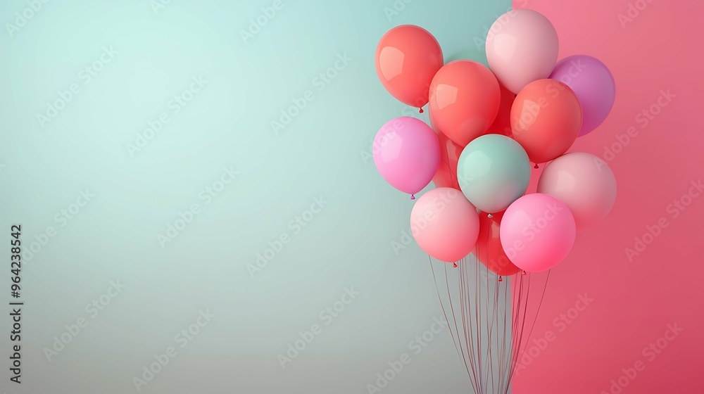 birthday helium balloons floating on studio light pastel background with copy space for promotion text. Love, birthday, advertising banner, valentine, wedding honeymoon concept. birthday helium balloons floating on studio light pastel background with copy space for promotion text. Love, birthday, advertising banner, valentine, wedding honeymoon concept.