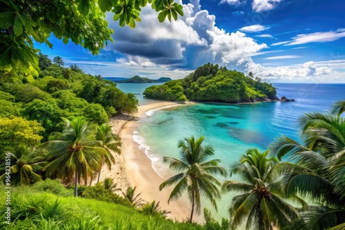 A Scenic View Of A Secluded Beach Park With Lush Tropical Foliage, Calm Blue Waters, And A Distant Island On The Horizon photo