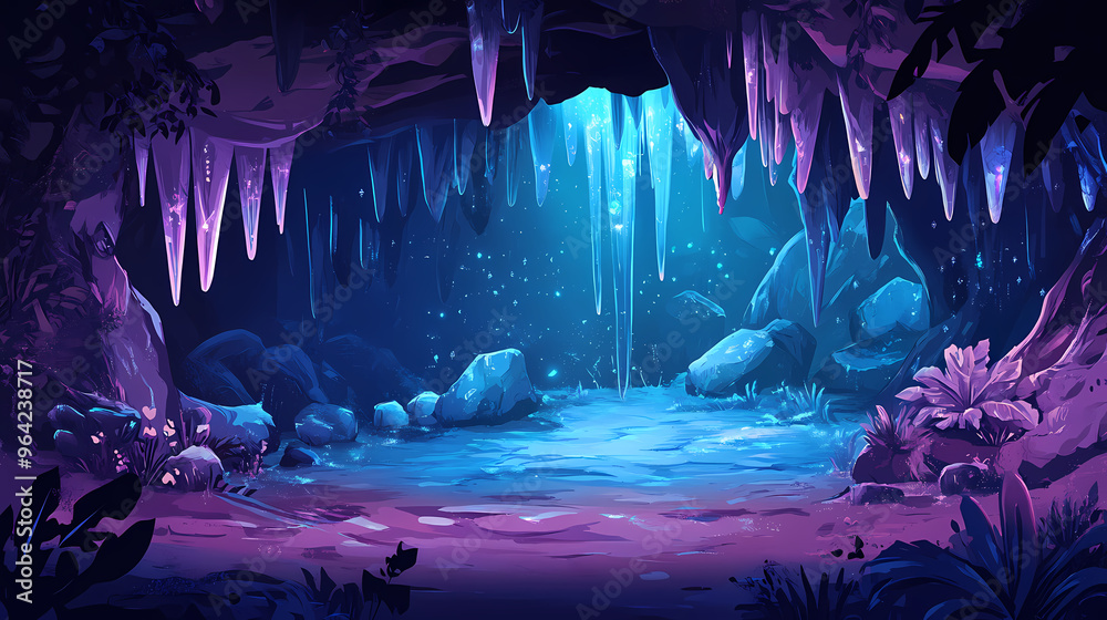 Fototapeta premium Ancient mystical cave: hidden secrets and enchanted pathways. Crystal Cave. Illustration