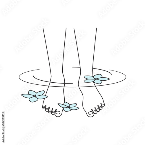 Vector line art depicting feet soaking in spa water with flowers, ideal for relaxation and wellness themes.