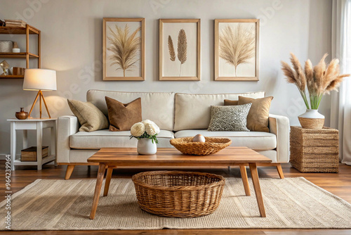 Cozy Living Room with Beige Sofa and Botanical Prints in Natural Light