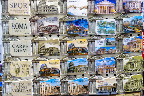 Photography Rome, Italy - April 09, 2024: souvenirs from Rome at street stalls attached with
