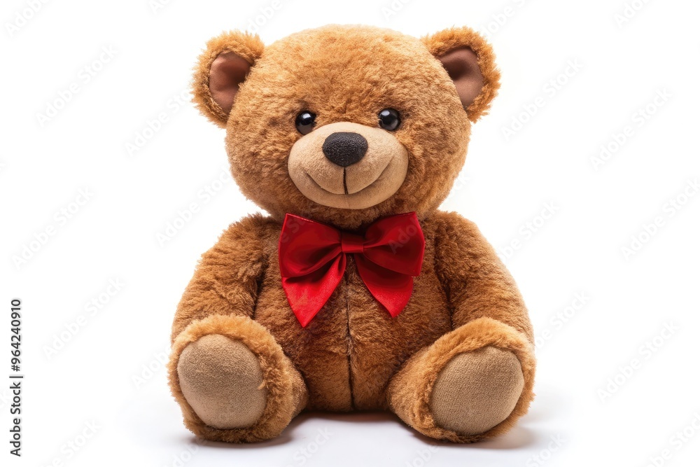 A Smiling Brown Teddy Bear With Button Eyes And A Red Bow Tie Is Sitting On A White Background, Looking At The Camera. A Smiling Brown Teddy Bear With Button Eyes And A Red Bow Tie Is Sitting On A White Background, Looking At The Camera.