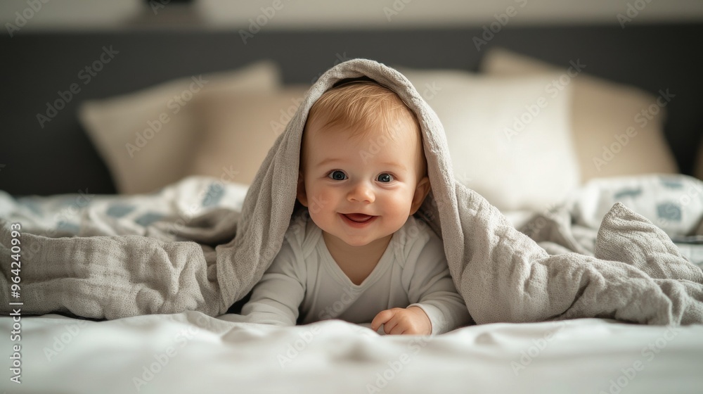 Infant Crawling on Bed with Blanket, Smiling Infant Crawling on Bed with Blanket, Smiling
