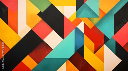 A minimalist composition of overlapping triangles and staggered squares, with bright colors forming a repeating and clean geometric design photo