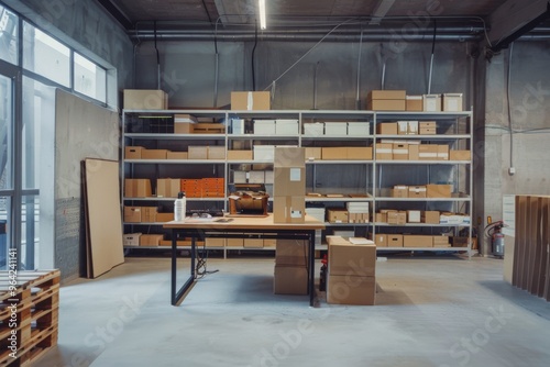 A clean and organized warehouse featuring shelves with neatly arranged boxes and a central work table under bright fluorescent lights. photo