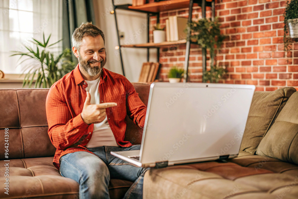 Man in Red Shirt Engaging in Video Call in Cozy Living Room with Brick Wall Man in Red Shirt Engaging in Video Call in Cozy Living Room with Brick Wall